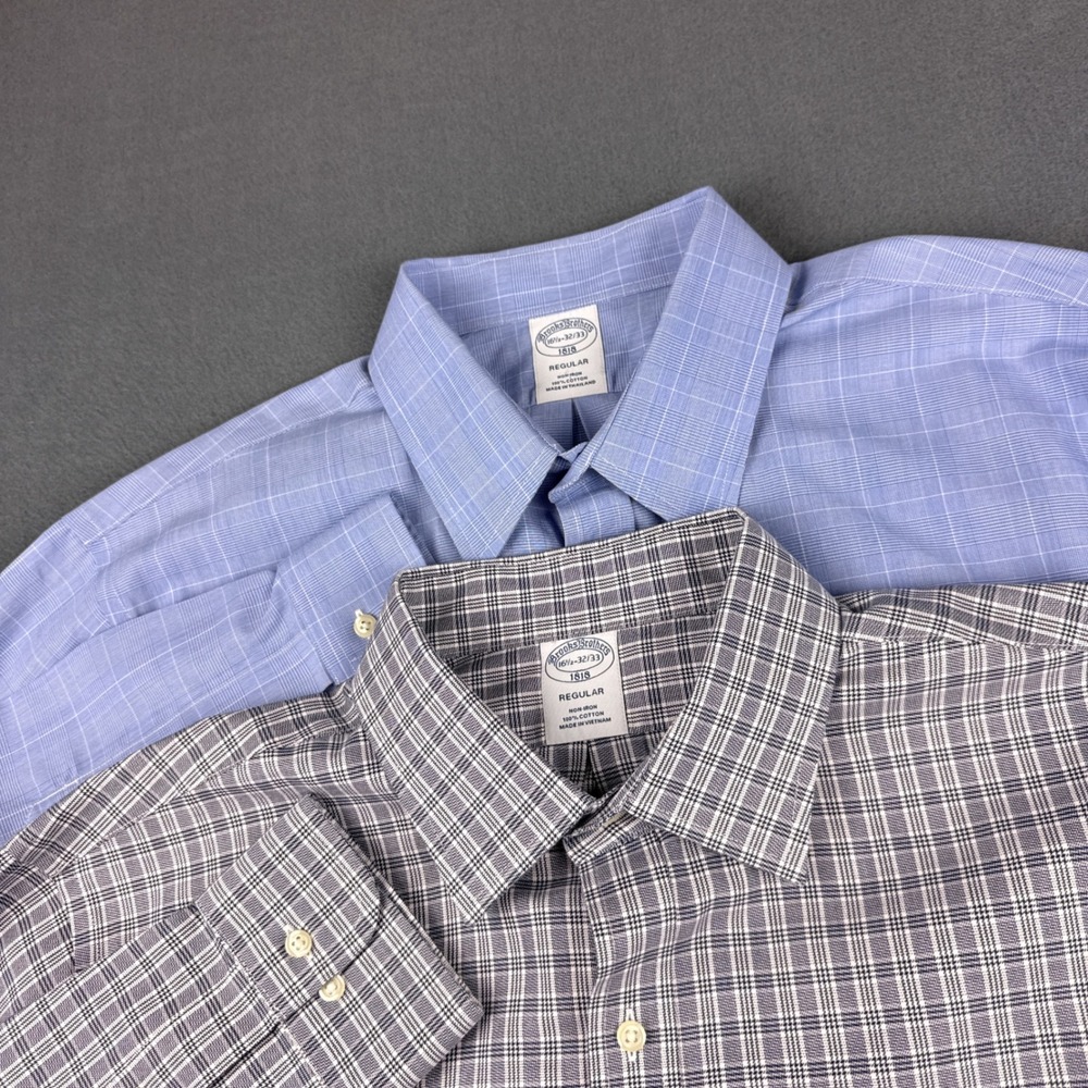Brooks Brothers Shirt Mens 16.5 32 33 Blue Grey Plaid Non-Iron Regular Fit Lot 2